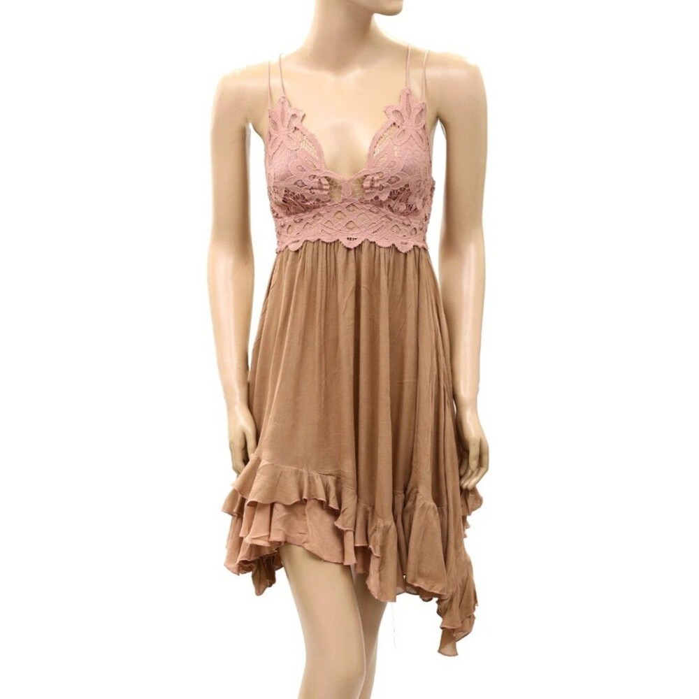 Free People FP One Adella Slip Mini Dress Crochet Lace Smocked Ruffle XXS 290357